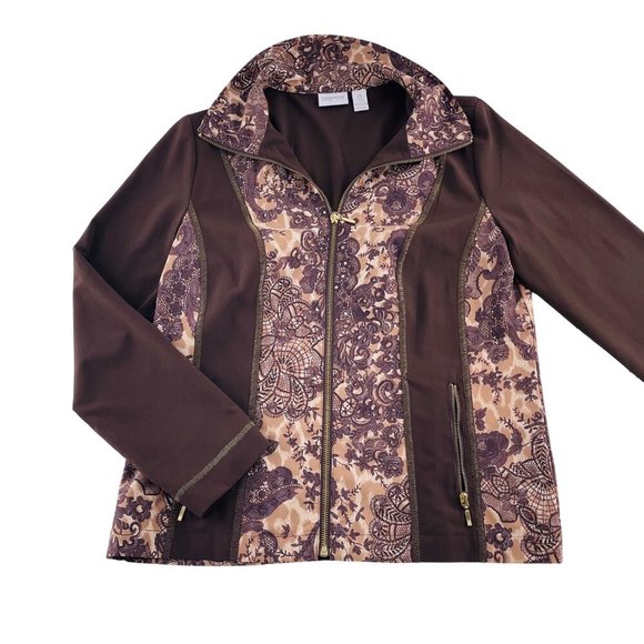 Zenergy By Chicos Brown & Beige Floral Jacket Size 0 - Picture 1 of 5